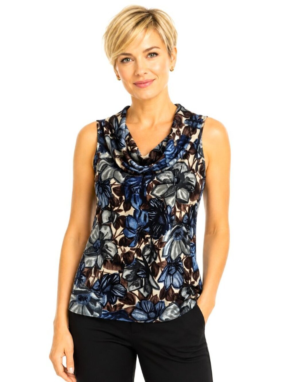 P.A.R.O.S.H. Italian Floral Silk Cowl Neck Sleeveless Top